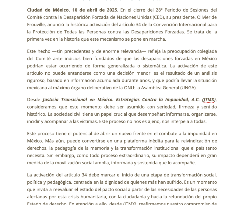 El ABC DE LA ACTIVACIÓN DEL ARTÍCULO 34 DE LA CONVENCIÓN CONTRA LA DESAPARICIÓN FORZADA DE LA ONU